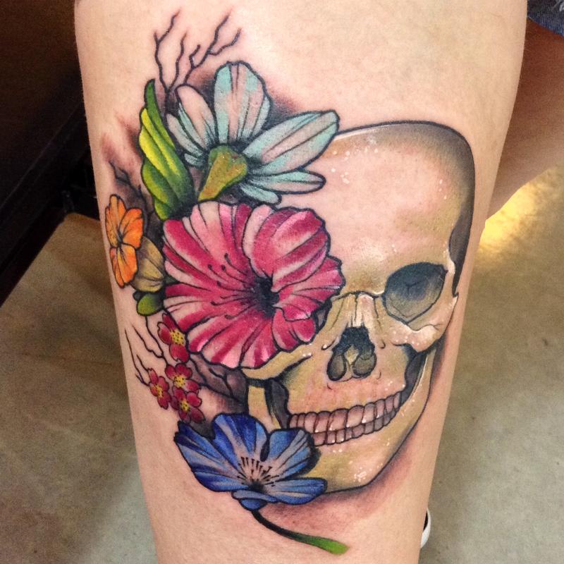 Human Skull with flowers tattoo by Kyle Grover TattooNOW